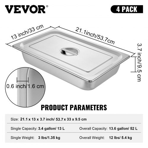 4 Pack Steam Table Pans 209 x 128 x 3.9 Inch Deep Steam Table Pan Full