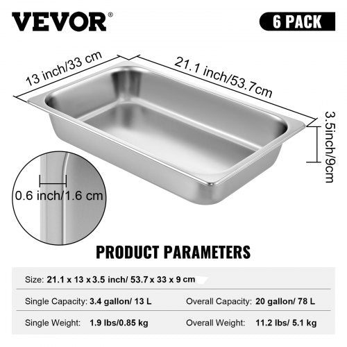 6 Pack Steam Table Pans 209 x 128 x 3.9 Inch Deep Steam Table Pan Full