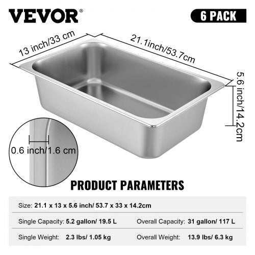 6 Pack Steam Table Pans 209 x 128 x 5.9 Inch Deep Steam Table Pan Full