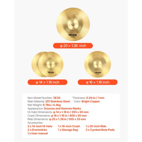 Cymbal Pack 3 Pieces Cymbals for Drum Set Alloy Cymbals Drum Set Includes