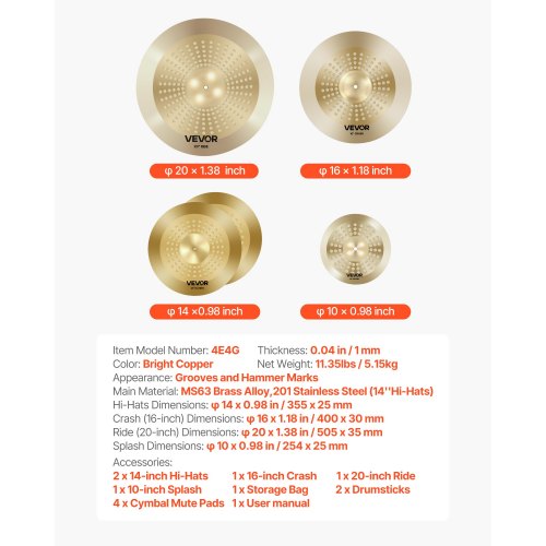 Cymbal Pack 4 Pieces Cymbals for Drum Set Alloy Cymbals Drum Set Includes