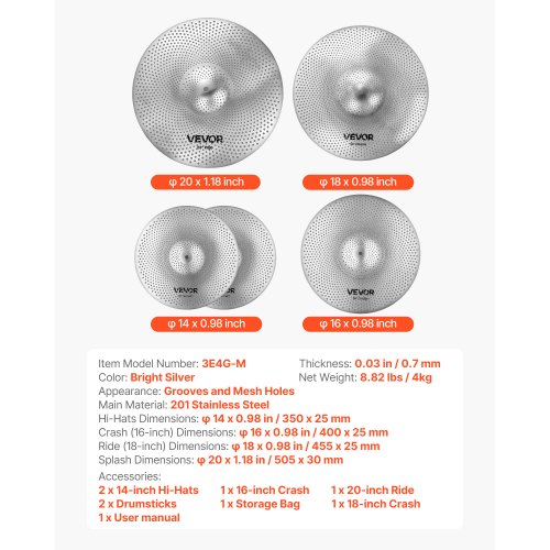 Low Volume Cymbal Pack 4 Pieces Quiet Cymbals for Drum Set Alloy Cymbals