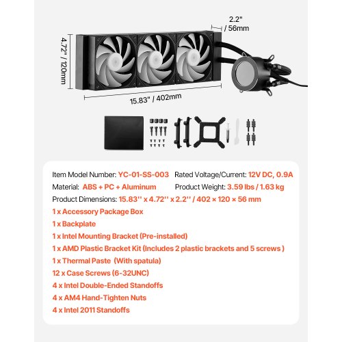 CPU Liquid Cooler AIO CPU Water Cooler – 3 x 120mm PWN Fans Pump
