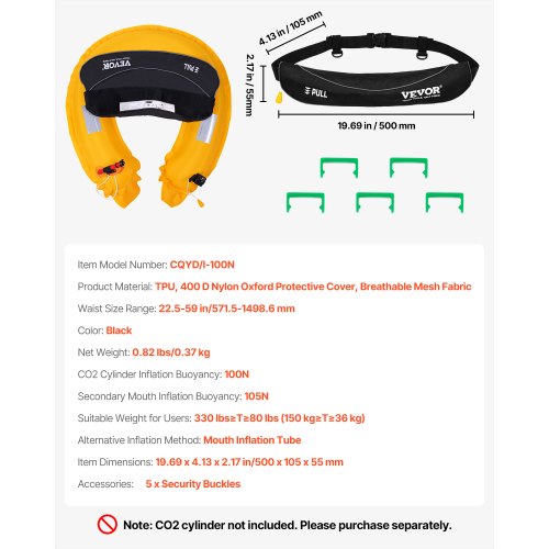 Manual Inflatable Belt Pack for Adults 105N Buoyancy Over 80 Pounds and Up to 59