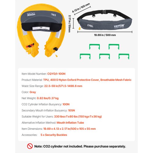 Manual Inflatable Belt Pack for Adults 105N Buoyancy Over 80 Pounds and Up to 59