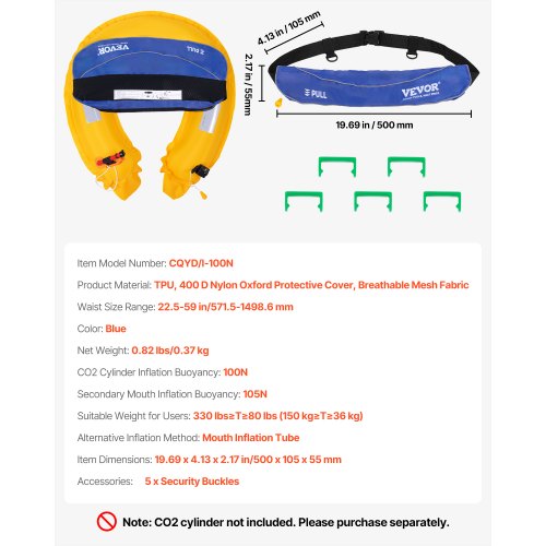 Manual Inflatable Belt Pack for Adults 105N Buoyancy Over 80 Pounds and Up to 59