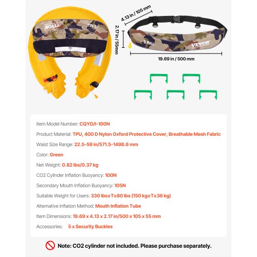 Manual Inflatable Belt Pack for Adults 105N Buoyancy Over 80 Pounds and Up to 59
