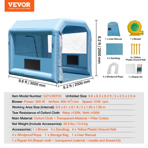 Inflatable Paint Booth 9.8 x 8.2 x 8.2 ft Inflatable Spray Booth with 550W
