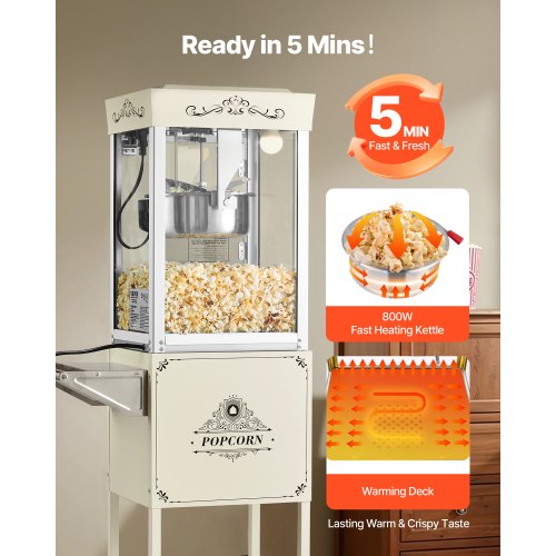 Popcorn Machine with Cart 8oz Stainless Steel Kettle 800W Commercial