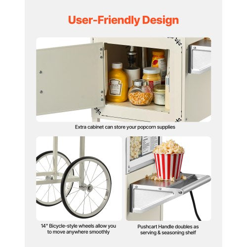 Popcorn Machine with Cart 8oz Stainless Steel Kettle 800W Commercial