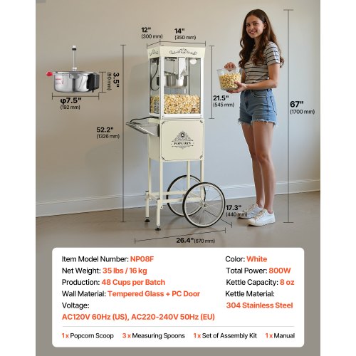 Popcorn Machine with Cart 8oz Stainless Steel Kettle 800W Commercial