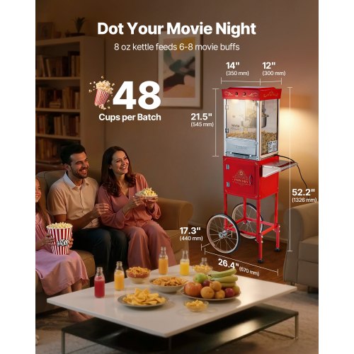 Popcorn Machine with Cart 8oz Stainless Steel Kettle 800W Commercial