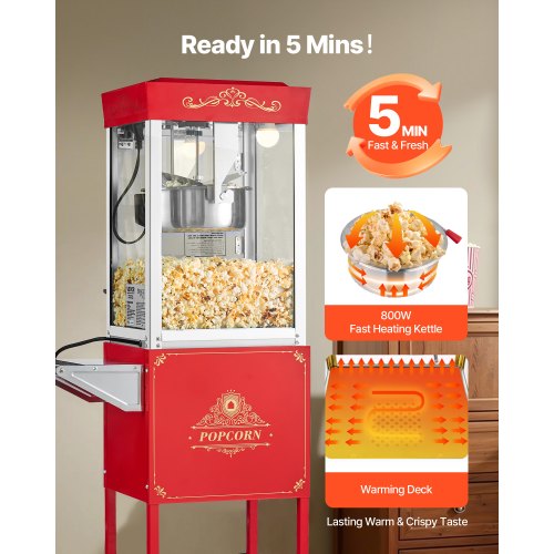 Popcorn Machine with Cart 8oz Stainless Steel Kettle 800W Commercial