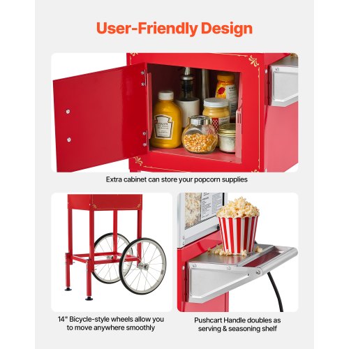 Popcorn Machine with Cart 8oz Stainless Steel Kettle 800W Commercial