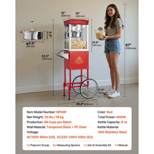 Popcorn Machine with Cart 8oz Stainless Steel Kettle 800W Commercial