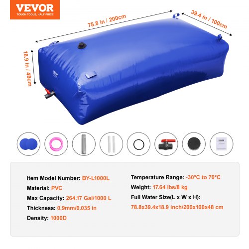1000L / 264 Gallon Water Storage Bladder RV Water Tank 1000D Blue PVC