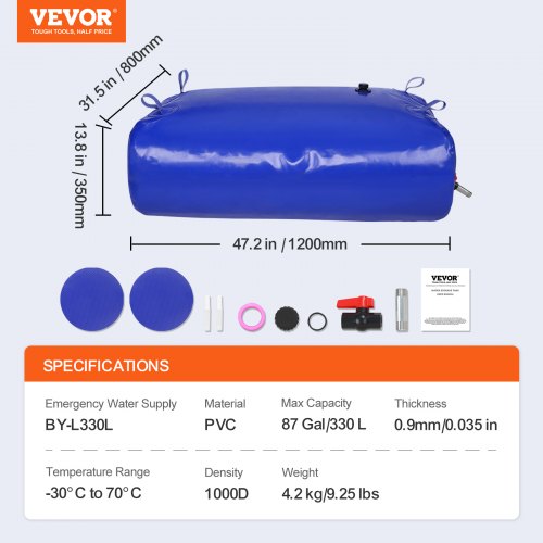 330L87 Gallon Water Storage Bladder RV Water Tank 1000D Blue PVC