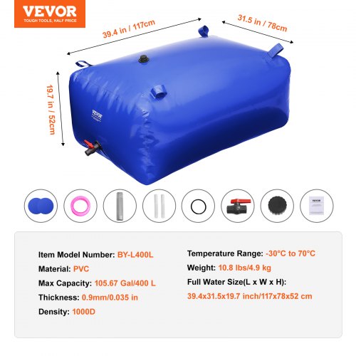 400L105.7 Gallon Water Storage Bladder RV Water Tank 1000D Blue PVC