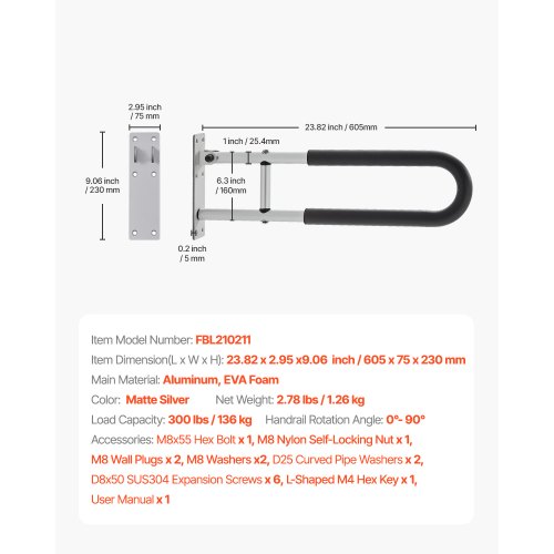 Toilet Safety Rail 23.8 Inch UShaped Handicap Grab Bar Foldable Senior