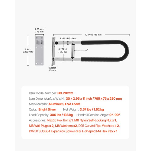 Toilet Safety Rail 30 Inch UShaped Handicap Grab Bar Foldable Senior