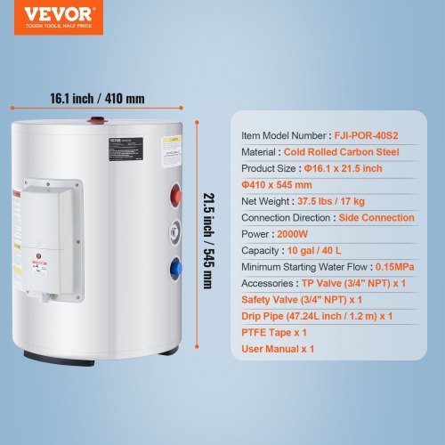Electric Water Heater 10 Gallon Tank Instant Hot Water Heater 16Kw