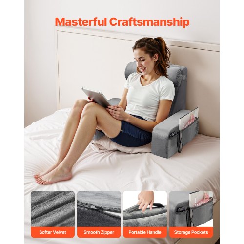 Reading Pillow Backrest Support Pillow with Arm and 3 Pockets Large Size