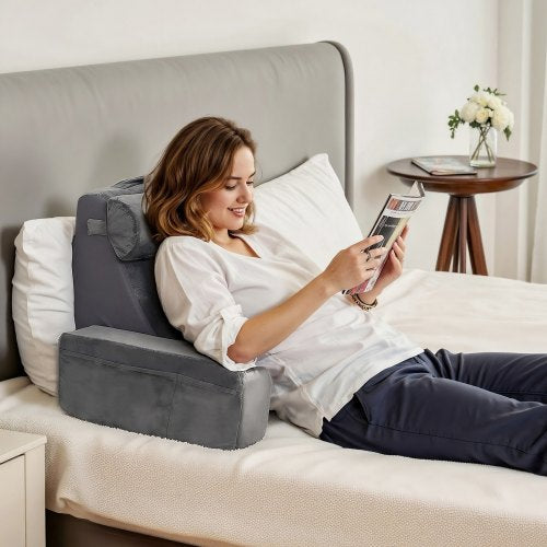 Reading Pillow Backrest Support Pillow with Arm and 3 Pockets Large Size