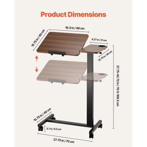 Overbed Table Mobile Bed Side Table with Flip Desktop and 4 Wheels Height