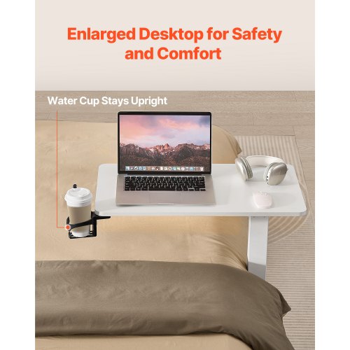 Overbed Table Mobile Bed Side Table with 4 Hidden Wheels Height Adjustable