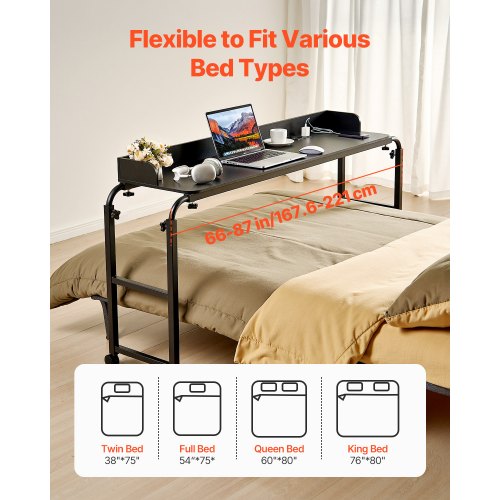 Overbed Table Mobile Bed Side Table with 4 Wheels 2 with Brakes and Power
