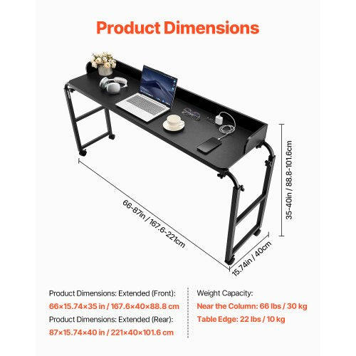 Overbed Table Mobile Bed Side Table with 4 Wheels 2 with Brakes and Power