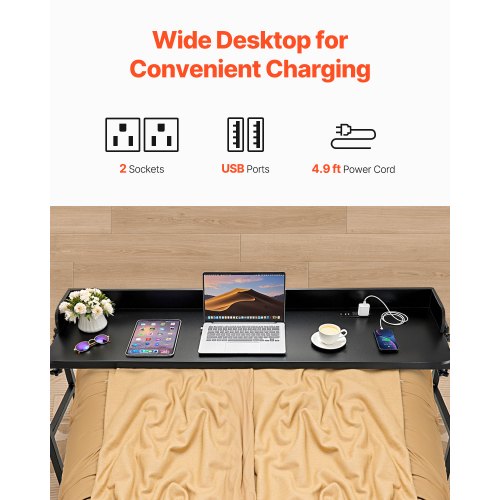 Overbed Table Mobile Bed Side Table with 4 Wheels 2 with Brakes and Power