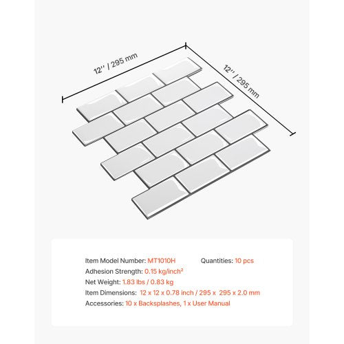 Peel and Stick Backsplash 10Sheet 12 x 12 x 078 inch 305 x 305 x 2.0 mm