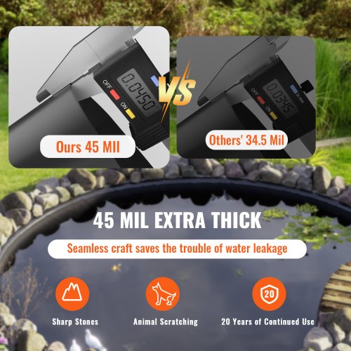 Pond Liner 10 x 15 ft 45 Mil Thickness Pliable EPDM Material Pond Skins