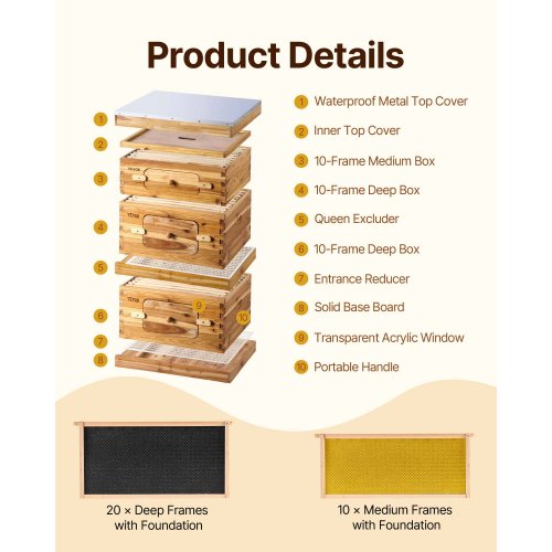 Bee Hive 30 Frame Bee Hives Starter Kit Beeswax Coated Fir Wood 2 Deep 1