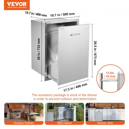 Pull Out Trash Drawer 197W x 265H Inch Outdoor Kitchen Drawers Stainless