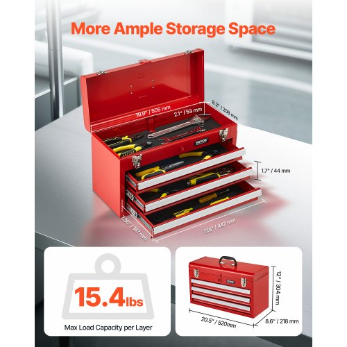 Metal Tool Box 205inch Portable Metal Tool Box with 3 Drawers Small