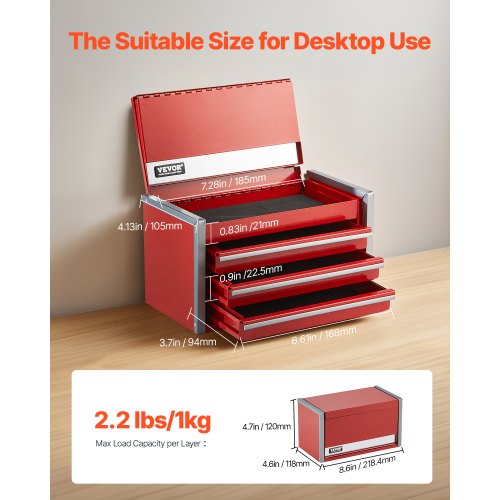 Metal Tool Box 8.6inch Portable Metal Tool Box with 3 Drawers Small Tool