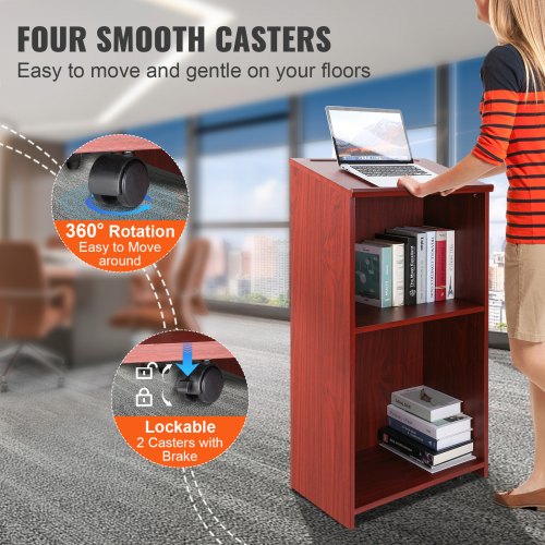 Podium Stand 47 inch Hostess Stand with 4 Rolling Wheels Wood Podium with 4