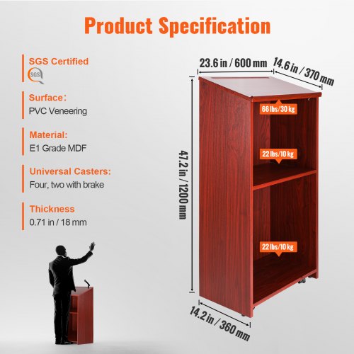 Podium Stand 47 inch Hostess Stand with 4 Rolling Wheels Wood Podium with 4