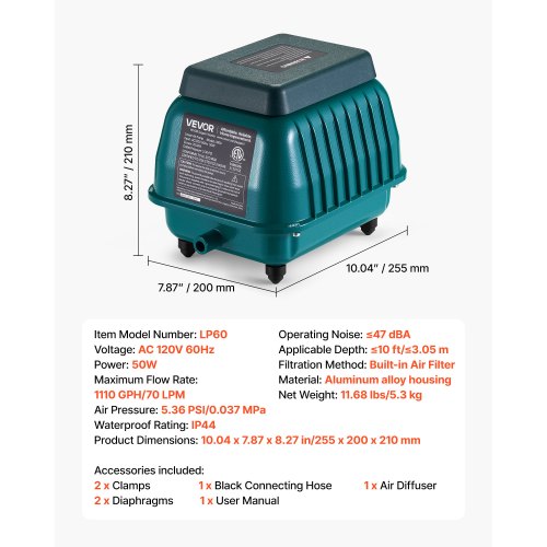 Linear Air Pump 1110 GPH Air Flow Septic Aerator Pump Aeration System for 10 ft