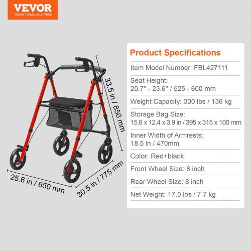 Rollator Walker for Seniors and Adult Lightweight Aluminum Foldable Rolling
