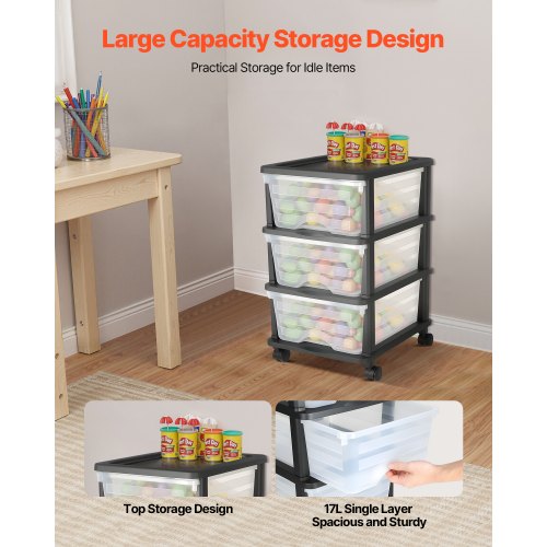 Plastic Storage Drawers Cart 3 Drawers Storage Organizer with Wheels