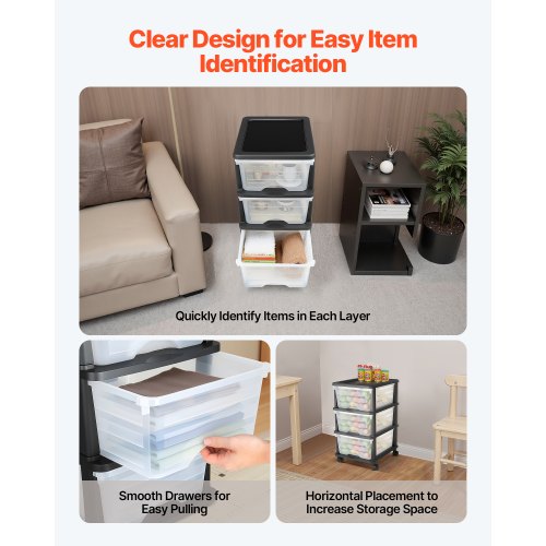 Plastic Storage Drawers Cart 3 Drawers Storage Organizer with Wheels