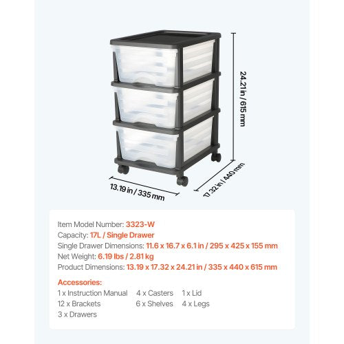 Plastic Storage Drawers Cart 3 Drawers Storage Organizer with Wheels