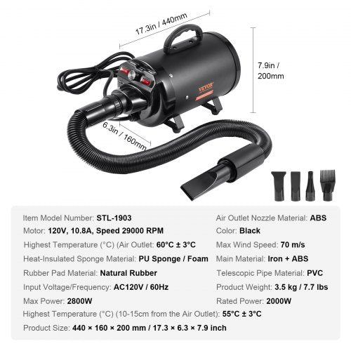 Dog Dryer 2800W43HP Dog Blow Dryer Pet Grooming Dryer with Adjustable