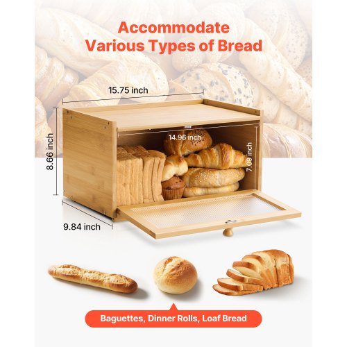 Bread Box for Kitchen Counter Large Capacity Bamboo Bread Storage