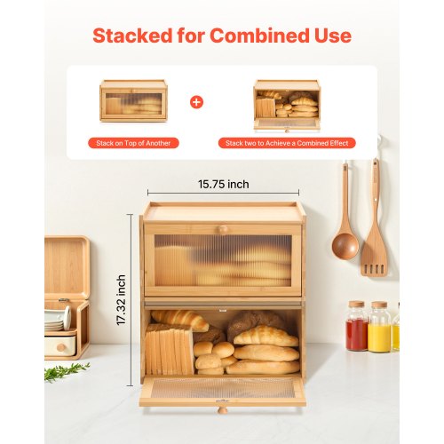 Bread Box for Kitchen Counter Large Capacity Bamboo Bread Storage