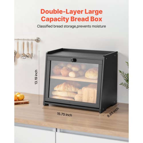Double Layer Bread Box for Kitchen Counter Large Capacity Bamboo Bread