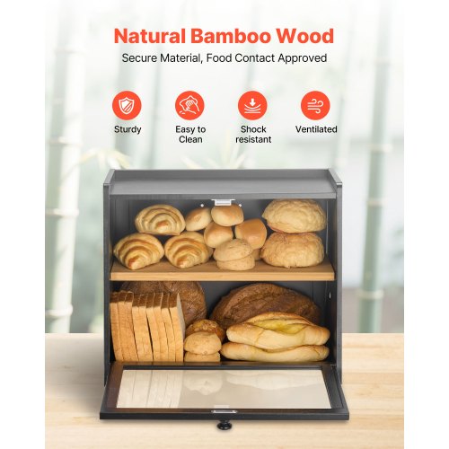 Double Layer Bread Box for Kitchen Counter Large Capacity Bamboo Bread